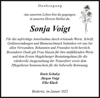 Traueranzeige von Sonja Voigt  von Magdeburger Volksstimme