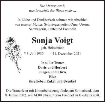 Traueranzeige von Sonja Voigt (geb. Heinemann)  von Magdeburger Volksstimme