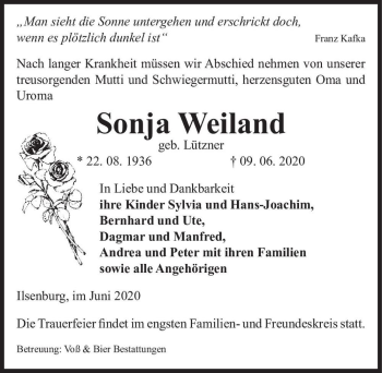 Traueranzeige von Sonja Weiland (geb. Lützner)  von Magdeburger Volksstimme