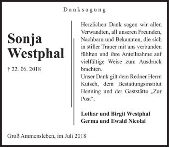 Traueranzeige von Sonja Westphal  von Magdeburger Volksstimme