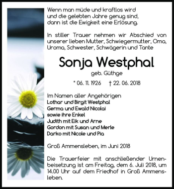 Traueranzeige von Sonja Westphal (geb. Güthge)  von Magdeburger Volksstimme