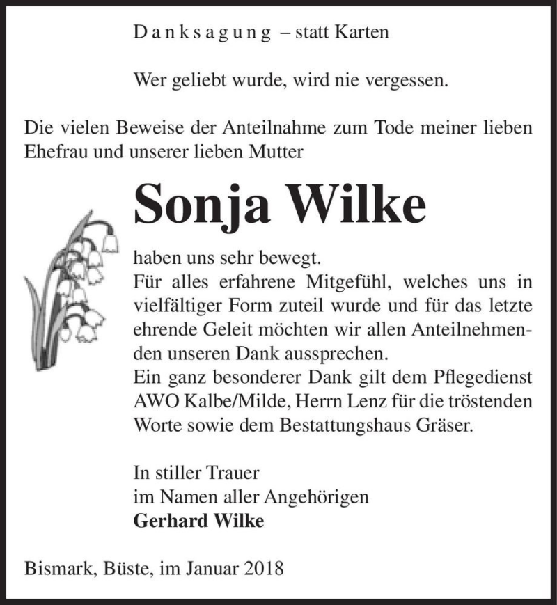  Traueranzeige für Sonja Wilke  vom 12.01.2018 aus Magdeburger Volksstimme
