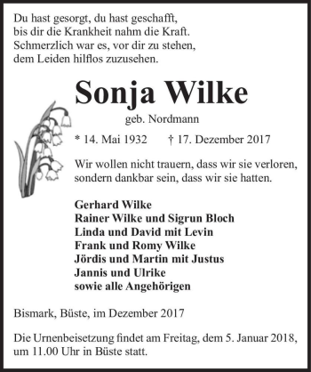 Traueranzeige von Sonja Wilke (geb. Nordmann)  von Magdeburger Volksstimme