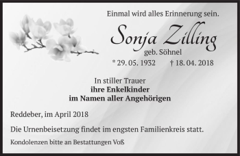 Traueranzeige von Sonja Zilling (geb. Söhnel)  von Magdeburger Volksstimme