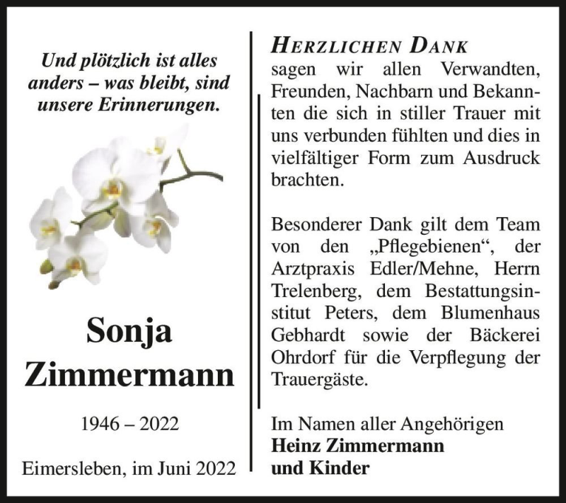  Traueranzeige für Sonja Zimmermann  vom 18.06.2022 aus Magdeburger Volksstimme