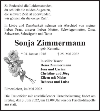 Traueranzeige von Sonja Zimmermann (geb. Kemnitz)  von Magdeburger Volksstimme