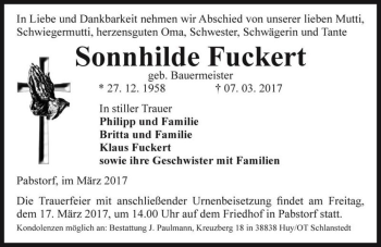 Traueranzeige von Sonnhilde Fuckert (geb. Bauermeister)  von Magdeburger Volksstimme