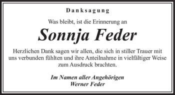 Traueranzeige von Sonnja Feder  von Magdeburger Volksstimme