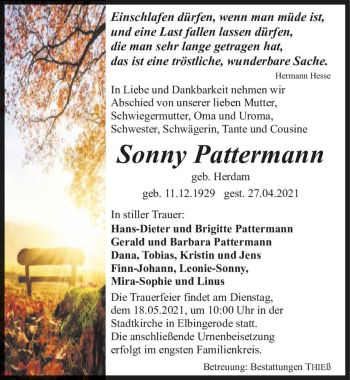 Traueranzeige von Sonny Pattermann (geb. Herdam)  von Magdeburger Volksstimme