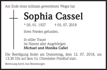 Traueranzeige von Sophia Cassel  von Magdeburger Volksstimme