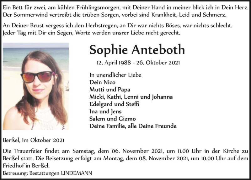  Traueranzeige für Sophie Anteboth  vom 30.10.2021 aus Magdeburger Volksstimme