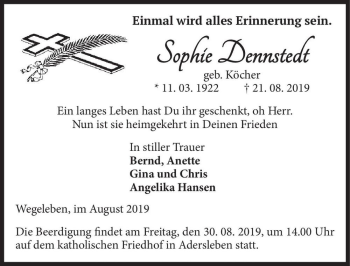 Traueranzeige von Sophie Dennstedt (geb. Köcher)  von Magdeburger Volksstimme