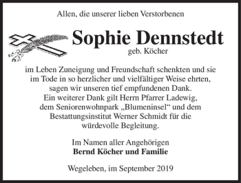 Traueranzeige von Sophie Dennstedt (geb. Köcher)  von Magdeburger Volksstimme