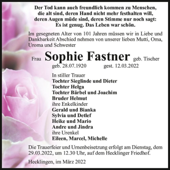 Traueranzeige von Sophie Fastner (geb. Tischer)  von Magdeburger Volksstimme
