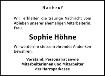 Traueranzeige von Sophie Höhne  von Magdeburger Volksstimme