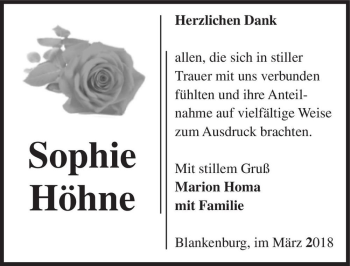 Traueranzeige von Sophie Höhne  von Magdeburger Volksstimme