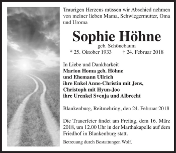 Traueranzeige von Sophie Höhne (geb. Schönebaum)  von Magdeburger Volksstimme