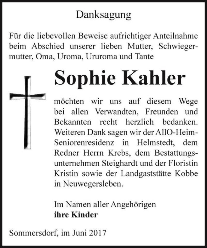  Traueranzeige für Sophie Kahler  vom 30.06.2017 aus Magdeburger Volksstimme