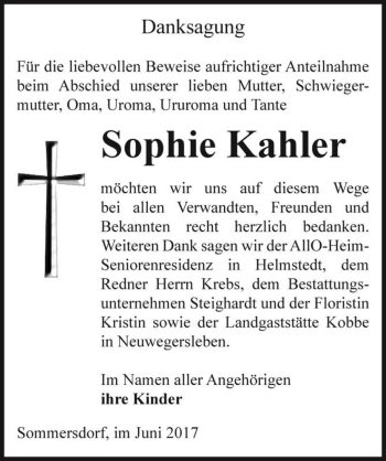 Traueranzeige von Sophie Kahler  von Magdeburger Volksstimme