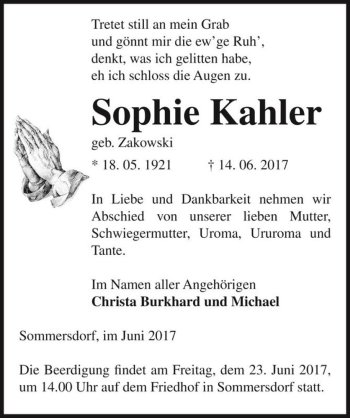 Traueranzeige von Sophie Kahler (geb. Zakowski)  von Magdeburger Volksstimme