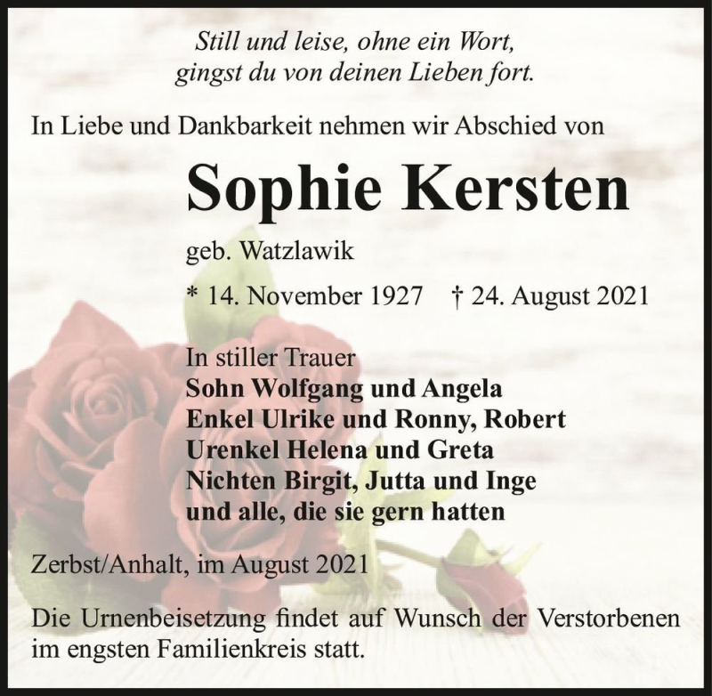  Traueranzeige für Sophie Kersten (geb. Watzlawik)  vom 28.08.2021 aus Magdeburger Volksstimme