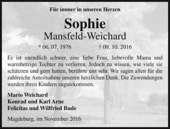 Traueranzeige von Sophie Mansfeld-Weichard  von Magdeburger Volksstimme