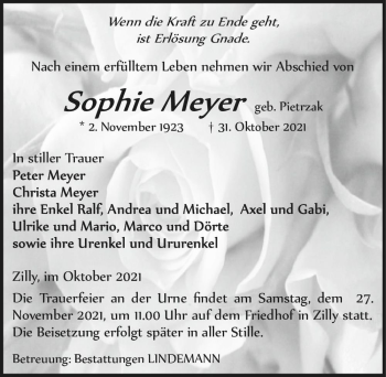 Traueranzeige von Sophie Meyer (geb. Pietrzak)  von Magdeburger Volksstimme