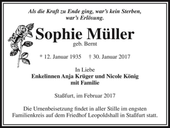 Traueranzeige von Sophie Müller (geb. Bernt)  von Magdeburger Volksstimme