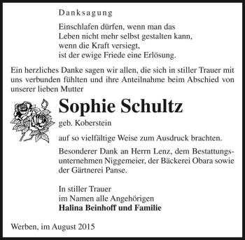 Traueranzeige von Sophie Schultz (geb. Koberstein)  von Magdeburger Volksstimme
