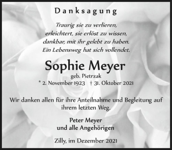 Traueranzeige von Sopie Meyer (geb. Pietrzak)  von Magdeburger Volksstimme