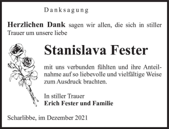 Traueranzeige von Stanislava Fester  von Magdeburger Volksstimme