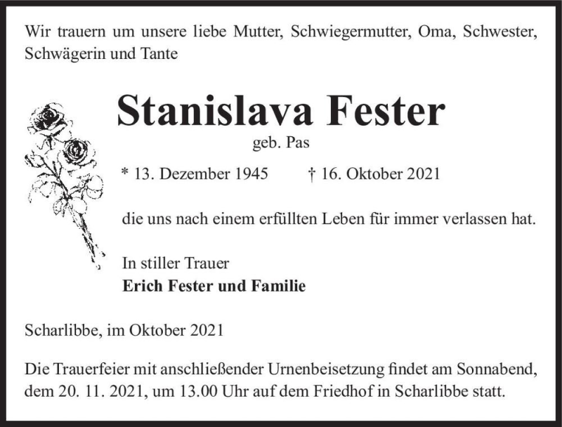  Traueranzeige für Stanislava Fester (geb. Pas)  vom 23.10.2021 aus Magdeburger Volksstimme