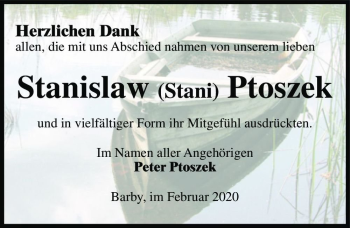 Traueranzeige von Stanislaw (Stani) Ptoszek  von Magdeburger Volksstimme