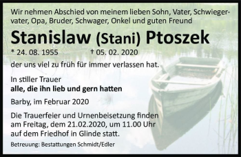 Traueranzeige von Stanislaw (Stani) Ptoszek  von Magdeburger Volksstimme