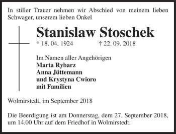 Traueranzeige von Stanislaw Stoschek  von Magdeburger Volksstimme