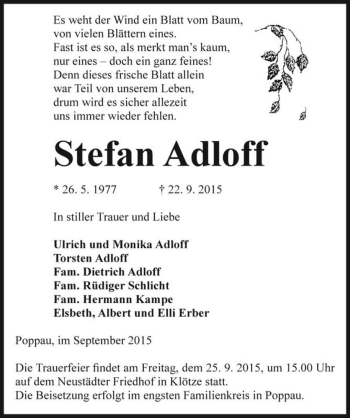 Traueranzeige von Stefan Adloff (Klötze)  von Magdeburger Volksstimme