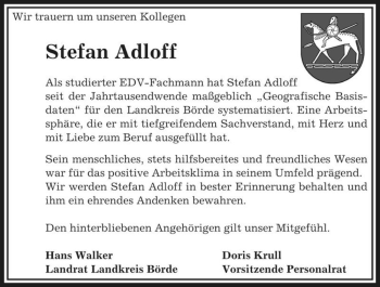 Traueranzeige von Stefan Adloff  von Magdeburger Volksstimme