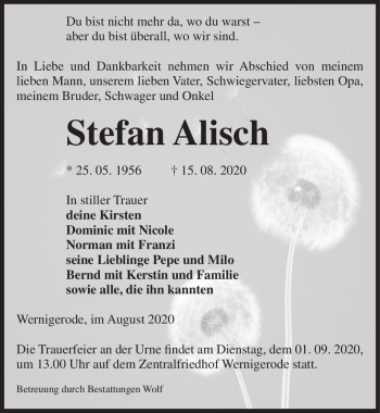 Traueranzeige von Stefan Alisch  von Magdeburger Volksstimme