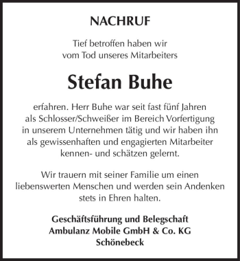 Traueranzeige von Stefan Buhe  von Magdeburger Volksstimme