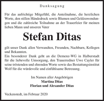 Traueranzeige von Stefan Ditas  von Magdeburger Volksstimme