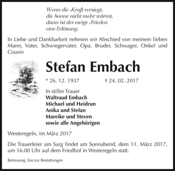 Traueranzeige von Stefan Embach  von Magdeburger Volksstimme