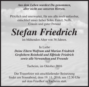 Traueranzeige von Stefan Friedrich  von Magdeburger Volksstimme