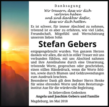 Traueranzeige von Stefan Gebers  von Magdeburger Volksstimme