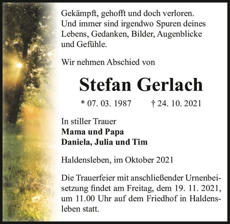  Traueranzeige für Stefan Gerlach  vom 06.11.2021 aus Magdeburger Volksstimme