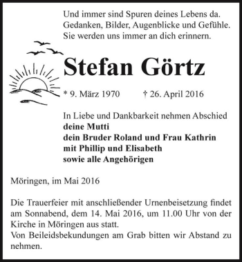 Traueranzeige von Stefan Görtz  von Magdeburger Volksstimme