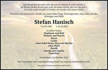 Traueranzeige von Stefan Hanisch  von Magdeburger Volksstimme