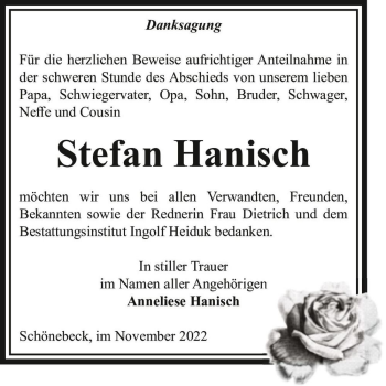 Traueranzeige von Stefan Hanisch  von Magdeburger Volksstimme