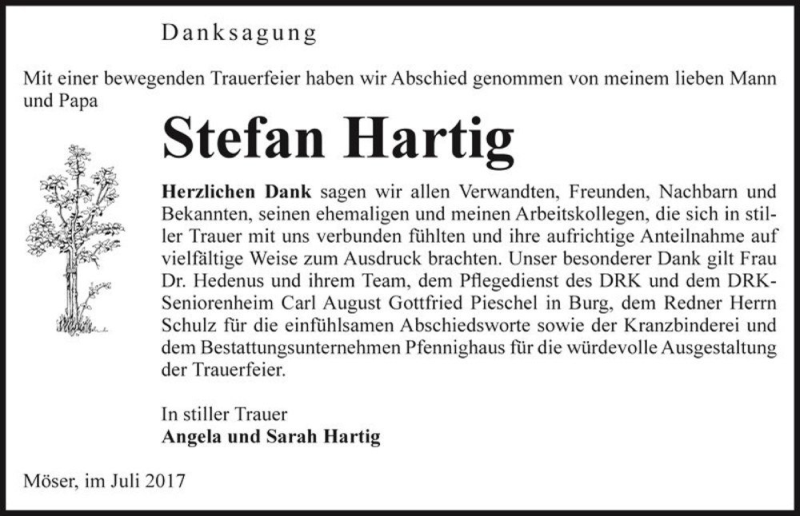  Traueranzeige für Stefan Hartig  vom 08.07.2017 aus Magdeburger Volksstimme