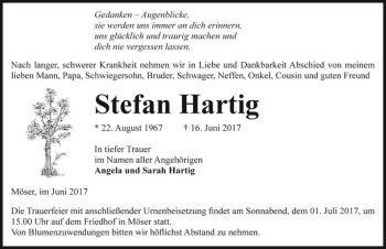 Traueranzeige von Stefan Hartig  von Magdeburger Volksstimme
