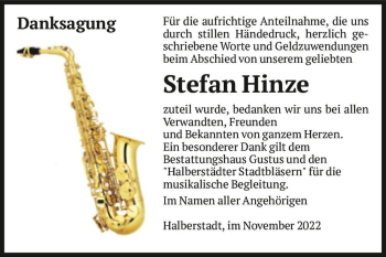 Traueranzeige von Stefan Hinze  von Magdeburger Volksstimme
